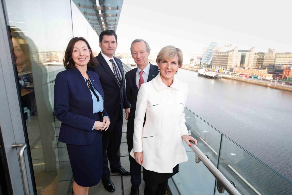 Foreign Minister Julie Bishop at the Irish Australia Chamber of Commerce breakfast in Dublin. She was welcomed by Helen Kelly, Partner and head of the EU, Competition and Regulatory Law Group at Mathesons, the President of the Irish Chapter of the Irish A