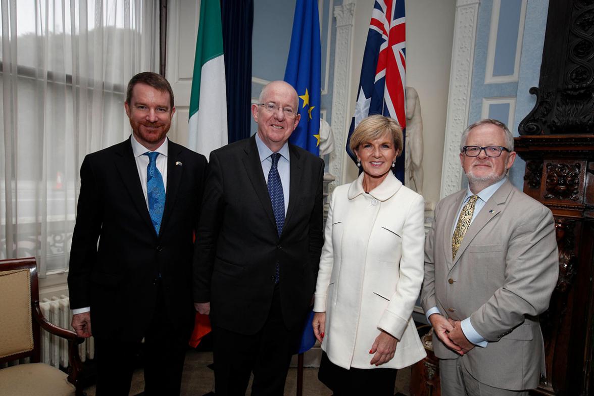 Foreign Minister Julie Bishop with Irish Minister for Foreign Affairs and Trade Charlie Flanagan, Irish Ambassador to Australia Breandán Ó Caollaí and Australian Ambassador to Ireland Richard Andrews in the entrance hall of Iveagh House, Dublin. Photo cre