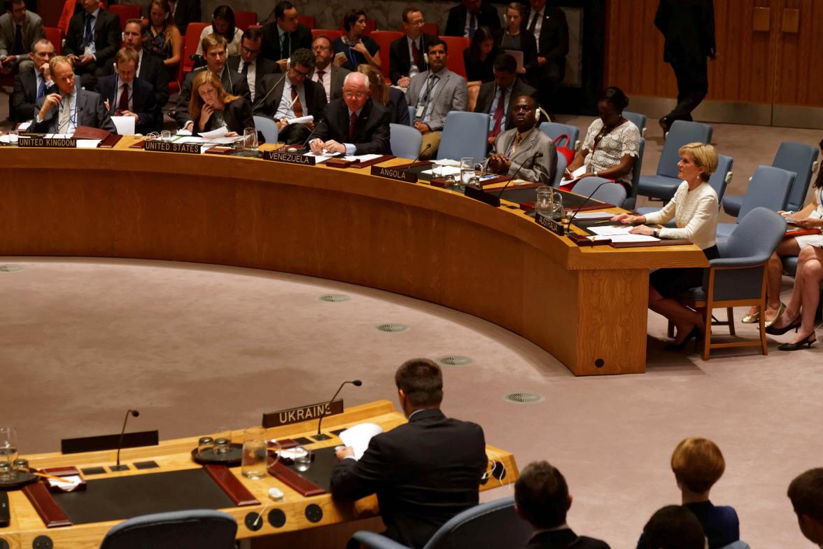 Visit to New York by Minister for Foreign Affairs Julie Bishop, 29 July 2015. Minister Julie Bishop in the UN Security Council where she delivered a statement regarding Malaysia Airline flight MH17 downed over Ukraine. photo by Trevor Collens