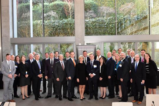 Foreign Minister Julie Bishop with participants of the G’Day USA US-Australian Dialogue on Cooperation in the Indo-Pacific roundtable in Los Angeles CA on 26 January 2017.