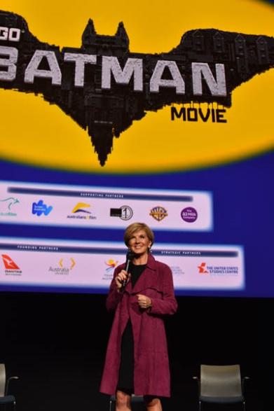 Foreign Minister Julie Bishop addresses guests at the inaugural G’Day USA Australian Film Industry Showcase advance screening of the Lego Batman Movie, noting Australia’s Animal Logic work on the film’s animation, Los Angeles 29 January 2017.