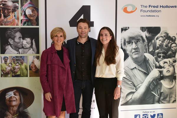 Foreign Minister Julie Bishop, Joel Edgerton and Emma Hollows at the Launch of the Fred Hollows Foundation in the United States, Los Angeles on 29 January 2017.