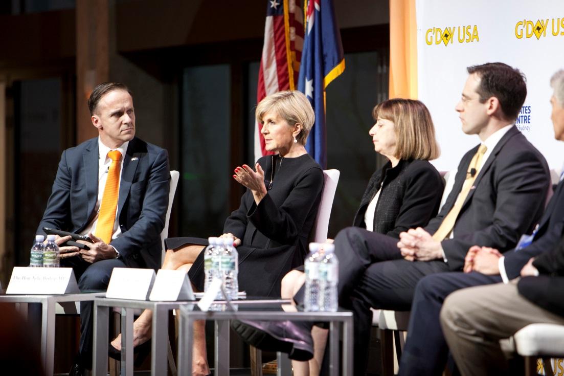 Foreign Minister Julie Bishop alongside (L-R) CEO of the United States Studies Centre Professor Simon Jackman, Vice President of the Asia Society and Former Deputy US Trade Representative Wendy Cutler