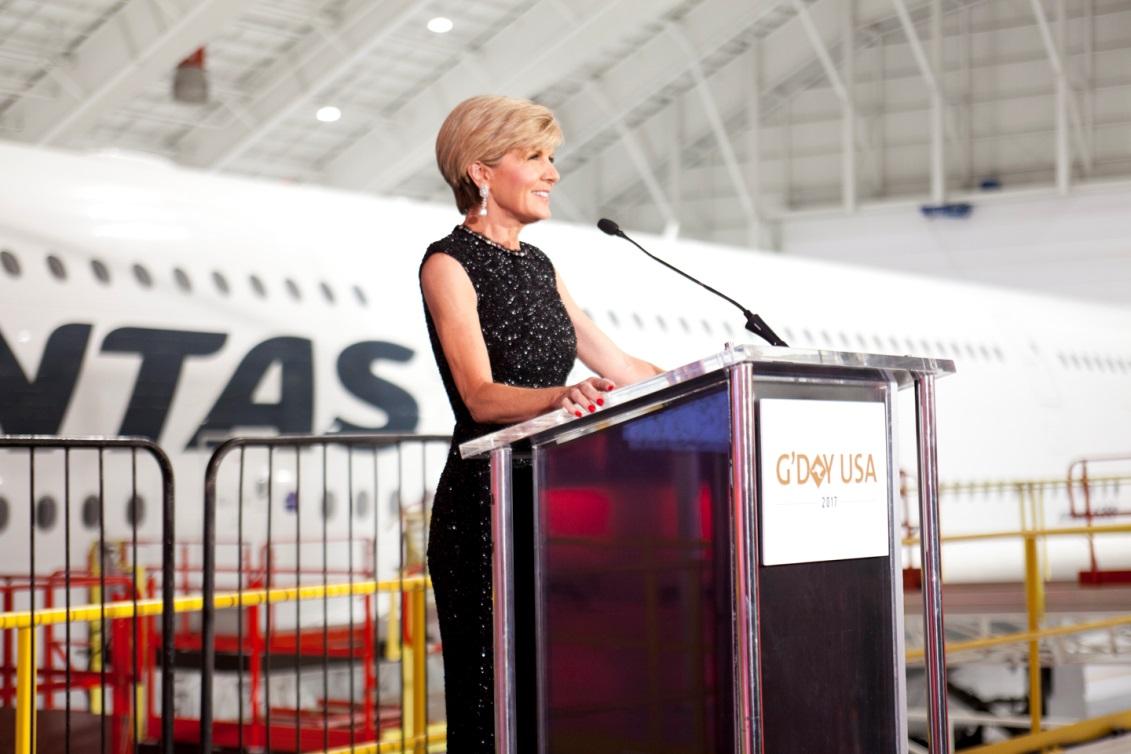 Foreign Minister Julie Bishop thanks G’Day USA sponsors and partners on-stage at Qantas’ Hangar at Los Angeles International Airport on January 27. Photo by Jerick Dizon