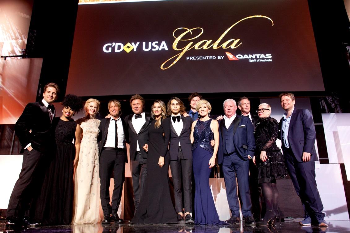 Foreign Minister Julie Bishop at the G’Day USA Gala with presenters, hosts, entertainers and 2017 honourees Catherine Martin (2017 G’Day USA Lifetime Achievement Award), David Hill AM (2017 G’Day USA Lifetime Achievement Award) and Ben Mendelsohn