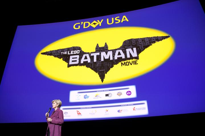 Foreign Minister Julie Bishop introduces an advance screening of The Lego Batman Movie, featuring animation by award-winning Australian design, animation and visual effects company Animal Logic, at the inaugural G’Day USA Australian Film Industry Showcase