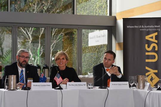 Foreign Minister Julie Bishop with (L) Professor Gordon Flake, CEO, Perth US Asia Centre and (R) Professor Simon Jackman, CEO, US Studies Centre, University of Sydney addressing the US-Australian Dialogue on Cooperation in the Indo-Pacific roundtable