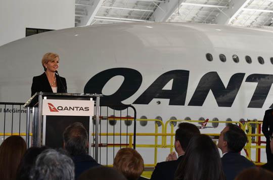 Foreign Minister Julie delivers remarks at the media launch of the new Qantas Hangar at Angeles International Airport on 27 January 2017.