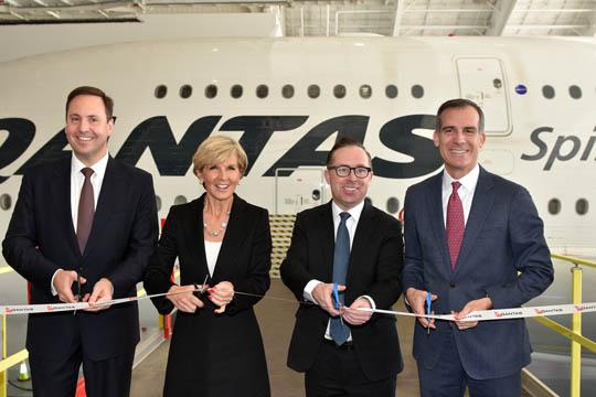 Minister for Trade, Tourism and Investment Steven Ciobo, Foreign Minister Julie Bishop, QANTAS CEO Alan Joyce and Los Angeles Mayor Eric Garcetti officially open the new QANTAS Hangar at Los Angeles International Airport on 27 January 2017.