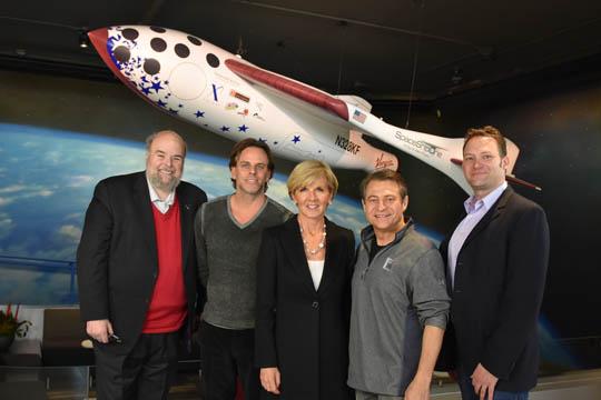 Foreign Minister Julie Bishop tours the XPRIZE Foundation with hosts ( L-R) Robert K Mr Weiss, Vice Chairman and President; Marcus Shingles, Chief Executive Officer, Dr Peter Diamindes, Founder and Executive Chairman and Dr Paul Bunje