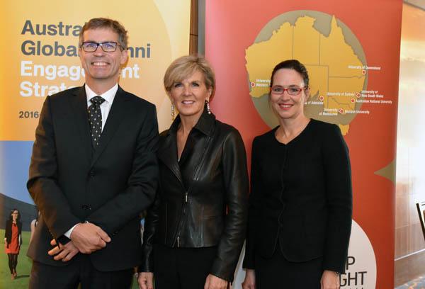 Foreign Minister Julie Bishop with Professor Peter Høj, Chairman, and Vicki Thomson, CEO, of the Group of Eight at the launch of the Australia Global Alumni Engagement Strategy for North America at the University of California Los Angeles (UCLA)