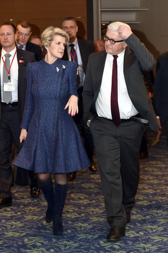 The Hon Julie Bishop, Minister for Foreign Affairs, speaking with Dr Frank-Walter Steinmeier, German Minister for Foreign Affairs at the NPDI conference in Hiroshima