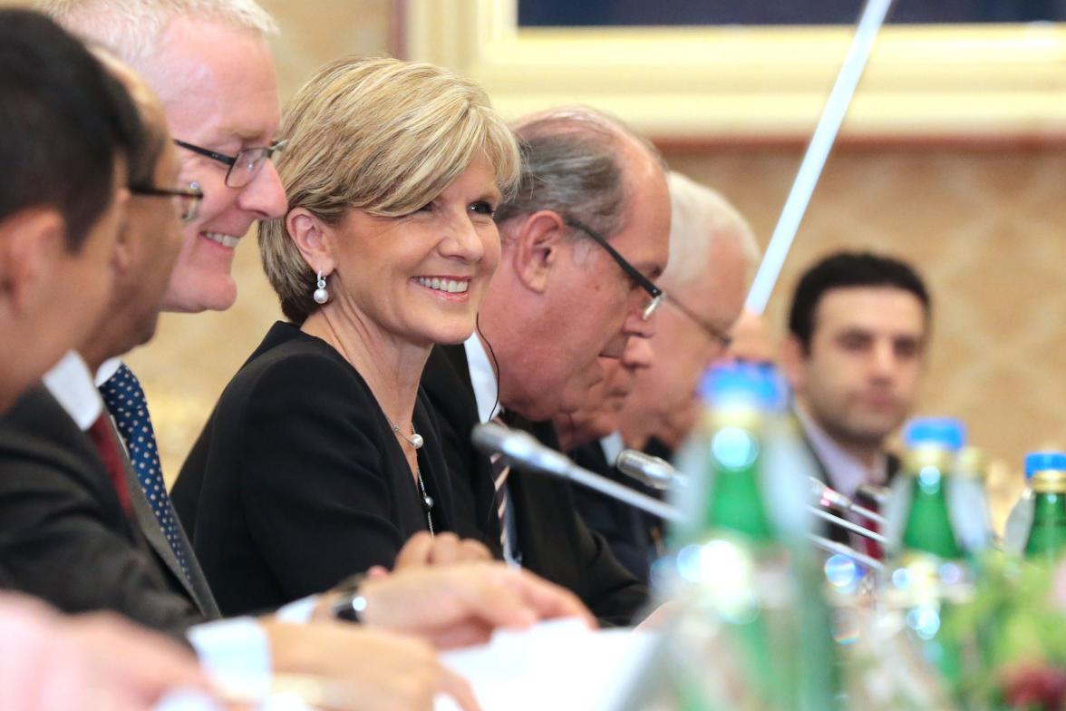 The Hon Julie Bishop, MP Minister for Foreign Affairs, with Senator the Hon David Johnston, Minister for Defence and HE Mr Bruce Miller, Australian Ambassador to Japan.