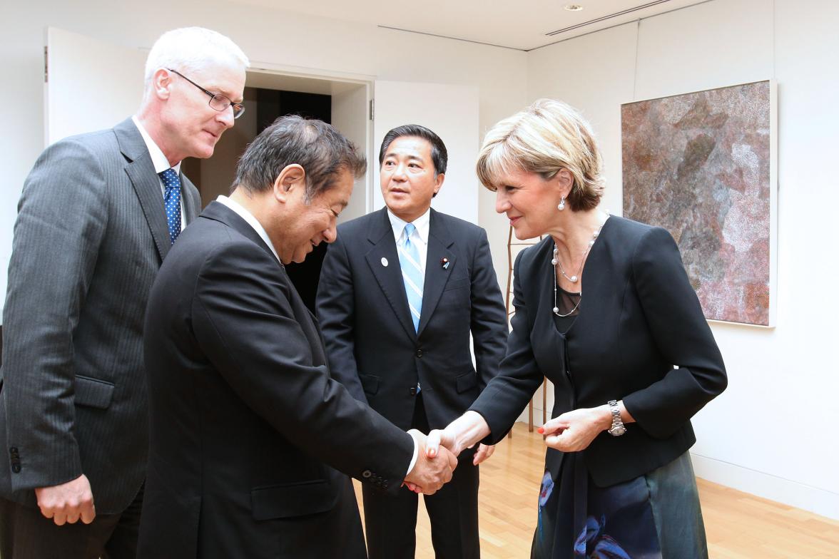 The Hon Julie Bishop MP, Minister for Foreign Affairs, meeting Mr Toshimi Kitazawa (DPJ Upper House Member), with Mr Akihisa Nagashima (DPJ Lower House Member), and the Australian Ambassador, HE Mr Bruce Miller, standing in the background.