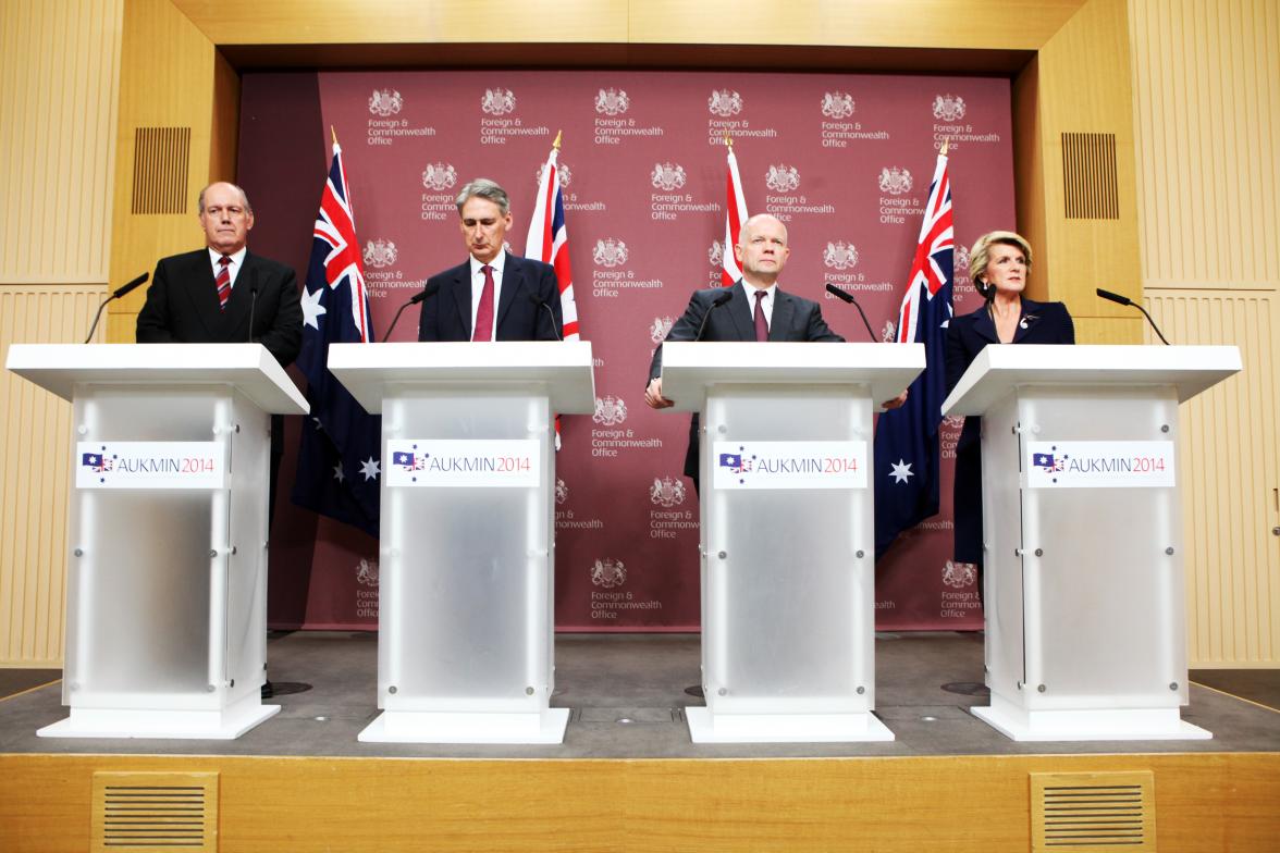 AUKMIN press conference held at the Foreign & Commonwealth Office in London with Australian Defence Minister David Johnston, UK Defence Secretary Minister Philip Hammond, UK Foreign Secretary William Hague and Australian Foreign Minister Julie Bishop. 11 