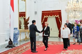 Foreign Minister Julie Bishop meets with Indonesian President Joko Widodo at the Presidential Palace in Jakarta, with Indonesian Foreign Minister Retno Marsudi, Australian Ambassador to Indonesia Paul Grigson and DFAT Secretary Frances Adamson.