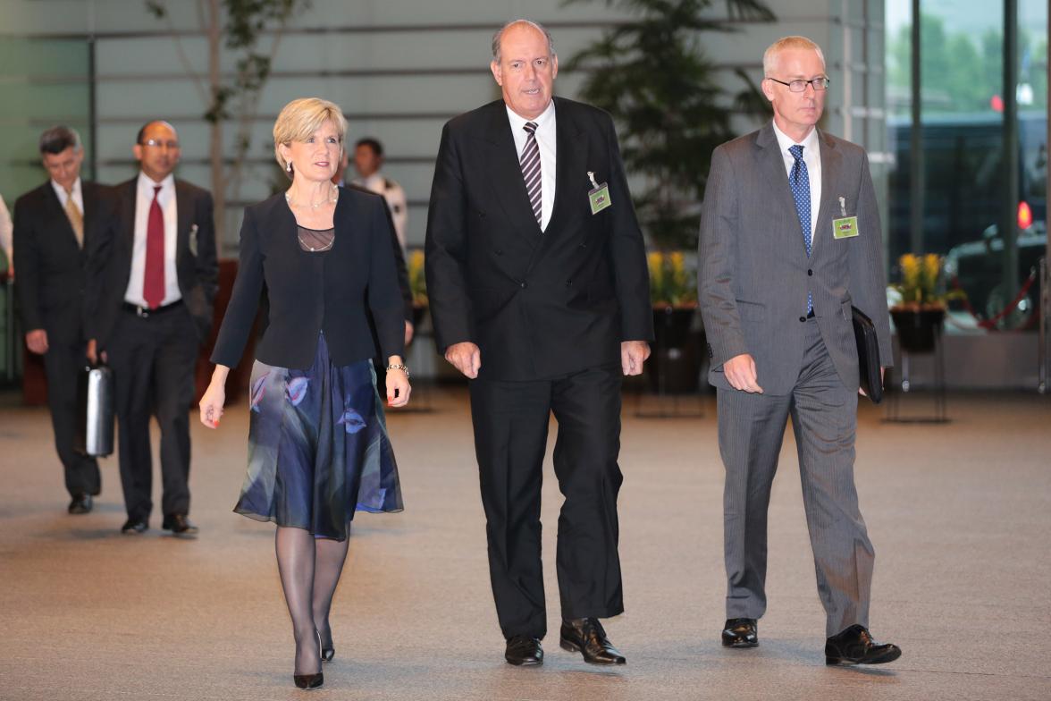 The Hon Julie Bishop MP, Minister for Foreign Affairs, Senator the Hon David Johnston, Minister for Defence, and HE Mr Bruce Miller, Australian Ambassador to Japan, arriving the Japanese Prime Minister's official residence for talks with Prime Minister Mr