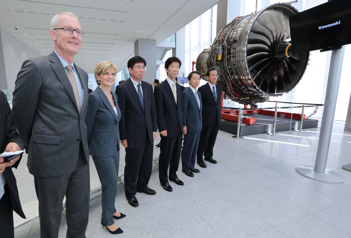 HE Mr Bruce Miller, Australian Ambassador to Japan, the Hon Julie Bishop MP, Minster for Foreign Affairs, and senior executives from Kawasaki Heavy Industries, inspect new products during a factory tour.