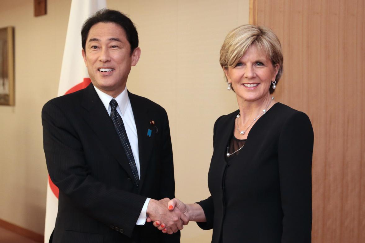 Japanese Foreign Minister, Mr Fumio Kishida shaking hands with the Hon Julie Bishop MP, Minister for Foreign Affairs at their bilateral meeting in Tokyo.