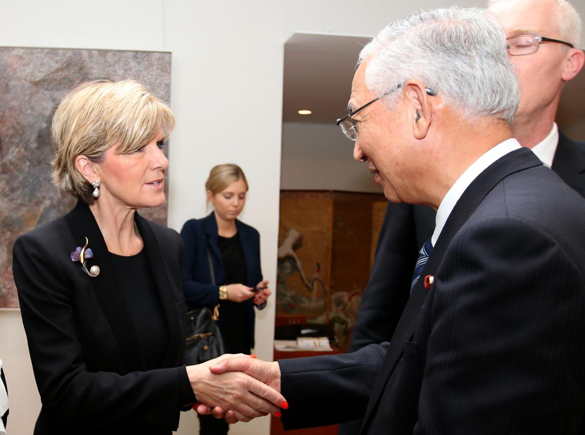 The Hon Julie Bishop MP, Minister for Foreign Affairs speaking with Mr Yoshihisa Inoue, Secretary General New Komeito Party.