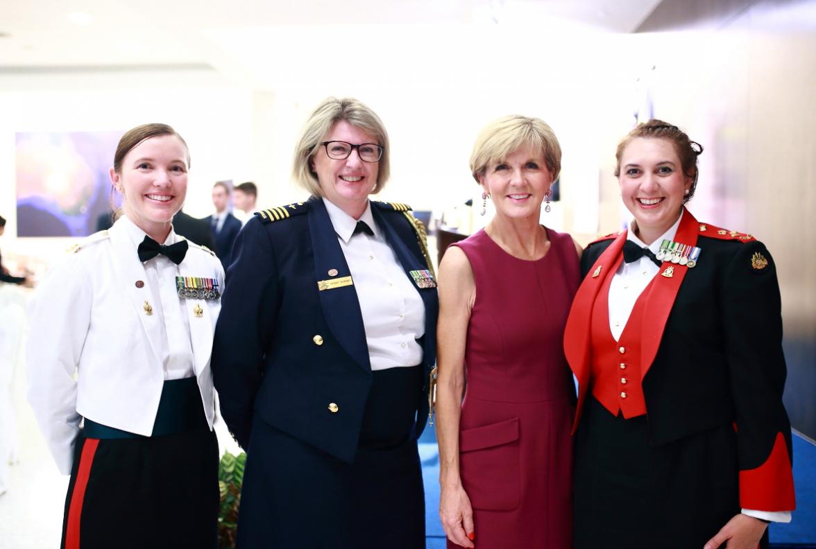 Foreign Minister Julie Bishop with Group Captain, Defence Adviser Wendy Horder, Lt Col Sarah Craig and Major Jada Sanderson, Kuala Lumpur. 14 March 2017 / Zulaika Ibrahim