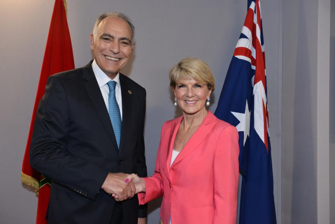 Minister Bishop with Moroccan Foreign Minister and President of COP22 Salaheddine Mezouar at COP22 in Marrakech on 16 November 2016. Credit: DFAT/Khalid Maltoufi.