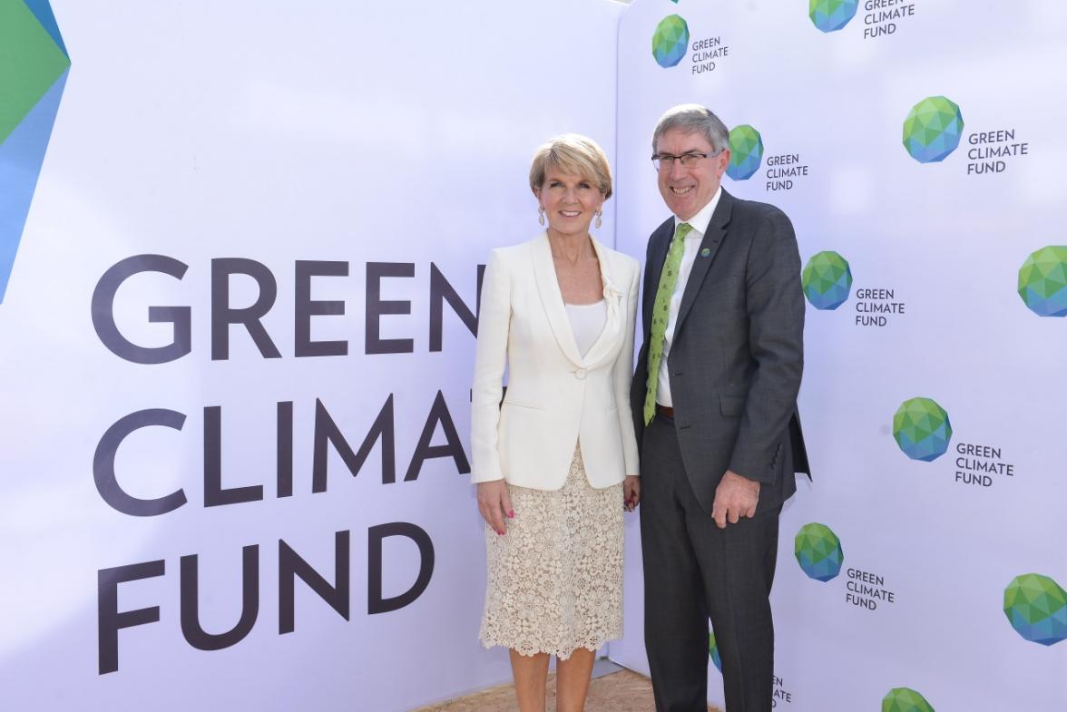 Minister Bishop and Ewen McDonald, Deputy Secretary of DFAT and Co-chair of the Green Climate Fund, at COP22 in Marrakech on 15 November 2016. Credit: DFAT/Khalid Maltoufi.