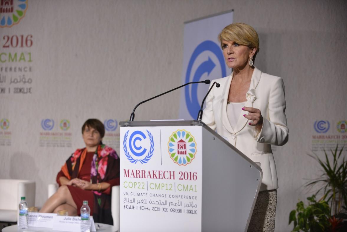 Minister Bishop delivers remarks at the UNFCCC Momentum for Change: Women for Results event at COP22 in Marrakech on 15 November 2016. Credit: DFAT/Khalid Maltoufi.