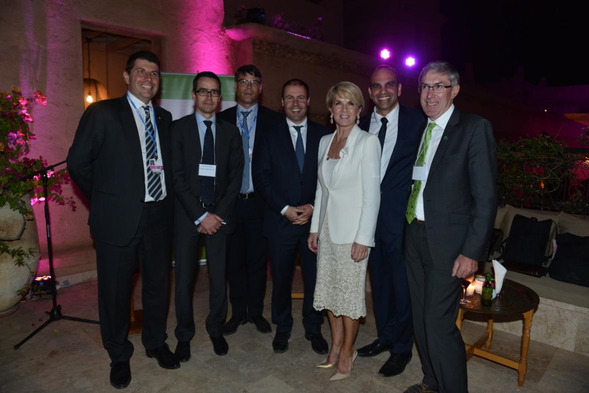 Minister Bishop with Minister Frydenberg and other guests at the Australian stakeholders event hosted by the Carbon Markets Institute during COP22 in Marrakech on 15 November 2016. Credit: DFAT/Khalid Maltoufi.