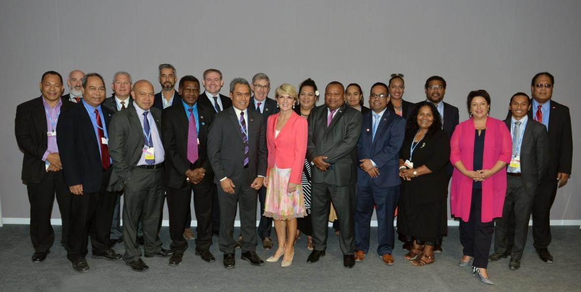 Minister Bishop and Ministers of the Pacific Island Forum at COP22 in Marrakech on 16 November 2016. Credit: DFAT/Khalid Maltoufi.