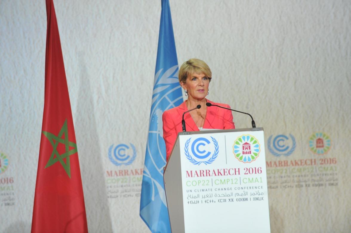 Minister Bishop delivers Australia’s National Statement at COP22 in Marrakech on 16 November 2016. Credit: DFAT/Khalid Maltoufi.