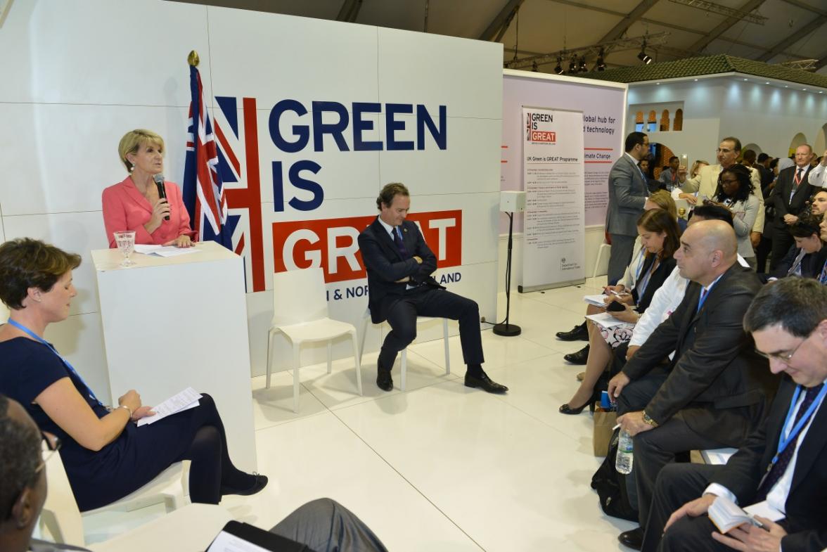 Minister Bishop presents the Climate Finance Roadmap with UK Minister of State for Climate Change and Industry Nick Hurd at COP22 in Marrakech on 16 November 2016. Credit: DFAT/Khalid Maltoufi.