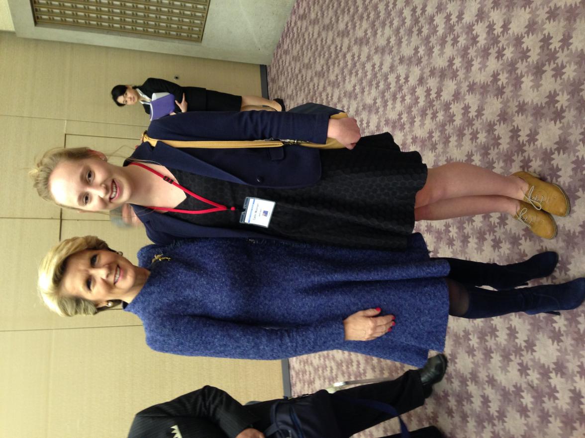 Foreign Minister Julie Bishop with Australian youth exchange program representative Cailin Molinari at the Non-Proliferation and Disarmament Initiative 8th Ministerial Meeting in Hiroshima.