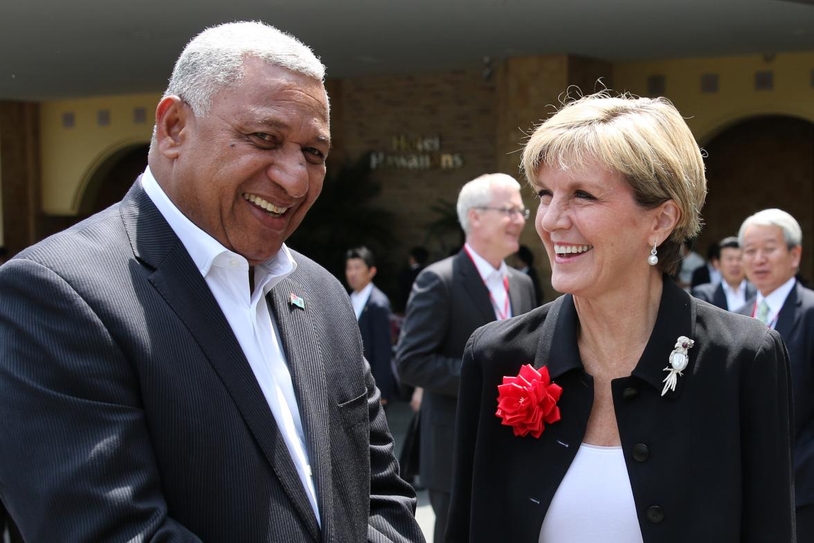 Australian Foreign Minister Julie Bishop with Fijian Prime Minister, Frank Bainimarama at the PALM7 Summit in Iwaki, Japan. 23 May 2015.