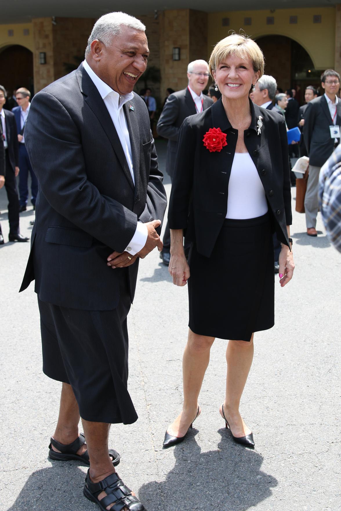 Australian Foreign Minister Julie Bishop with Fijian Prime Minister, Frank Bainimarama at the PALM7 Summit in Iwaki, Japan. 23 May 2015.