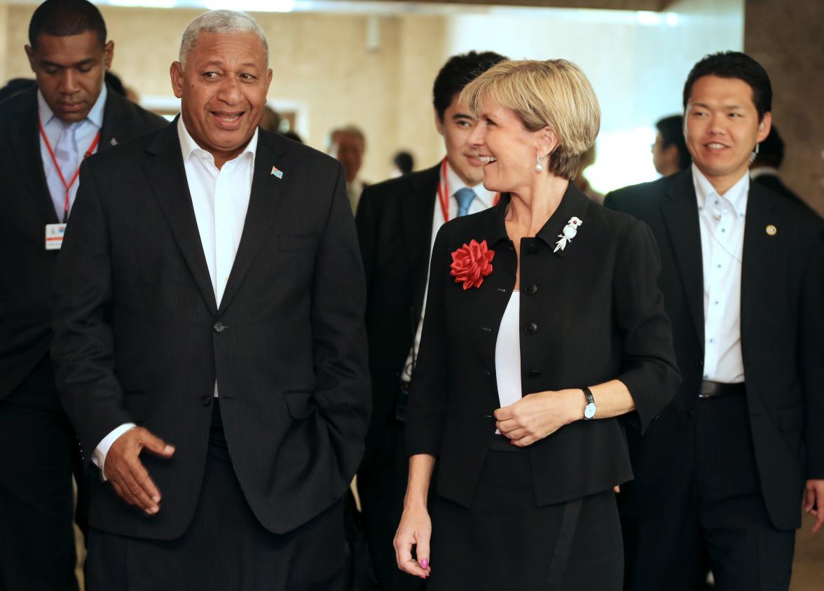 Australian Foreign Minister Julie Bishop with Fijian Prime Minister, Frank Bainimarama at the PALM7 Summit in Iwaki, Japan. 23 May 2015.