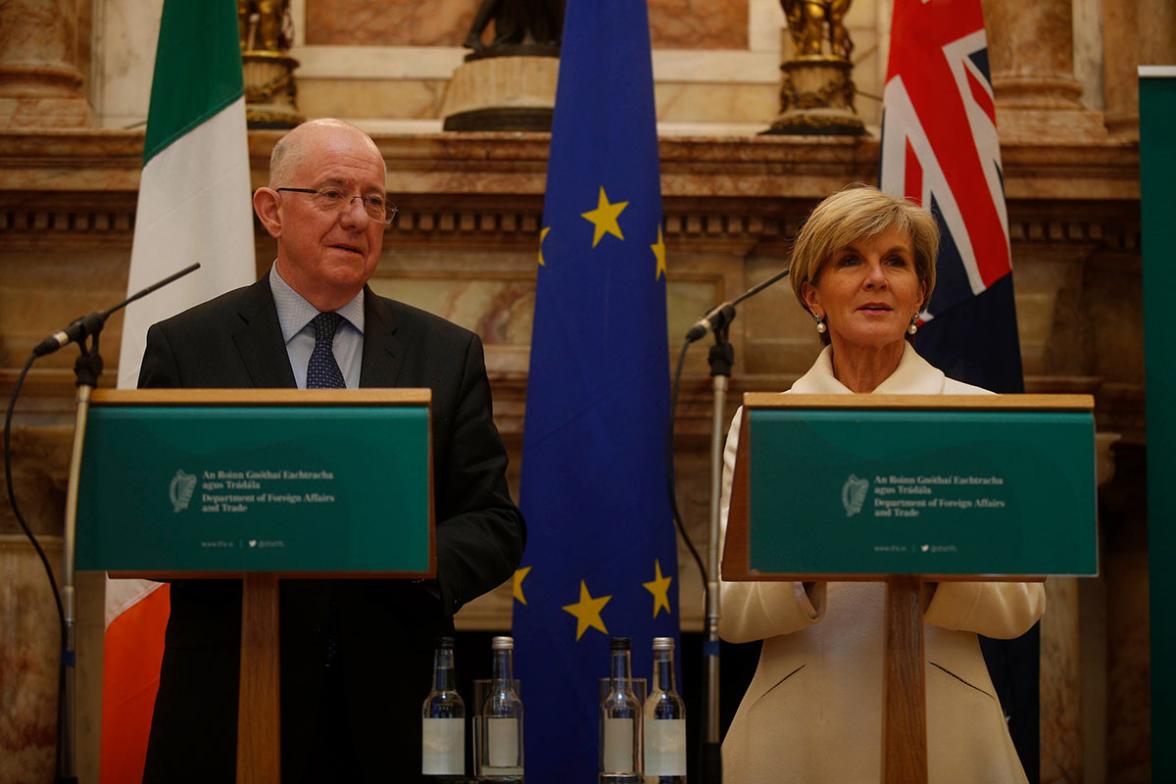 Foreign Minister Julie Bishop and Irish Minister for Foreign Affairs and Trade Charlie Flanagan hold a press conference after their bilateral meeting in Dublin. Photo credit: Commonwealth of Australia