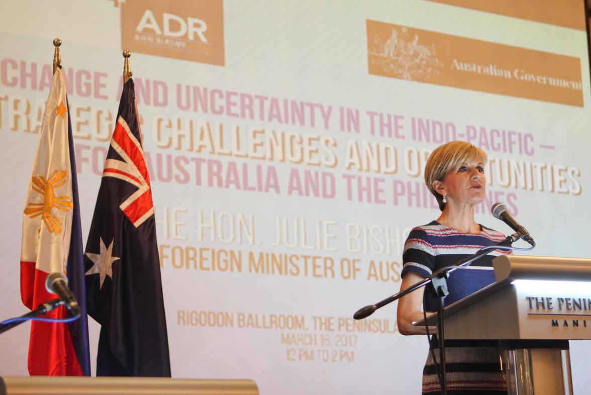 Foreign Minister Julie Bishop addresses Albert del Rosario Institute on “Change and Uncertainty in the Indo-Pacific – Strategic challenges and opportunities for Australia and the Philippines” in Manila, 16 March 2017. Photo credit: DFAT/Stephanie Tumampos