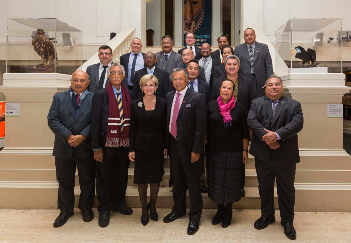 Foreign Minister Bishop with Pacific Islands Leaders and Ministers before the Welcome Dinner of the Pacific Islands Forum Foreign Ministers Meeting at the Australian Museum, Sydney, on 9 July 2015. Also pictured is Dame Meg Taylor, Secretary General, Paci