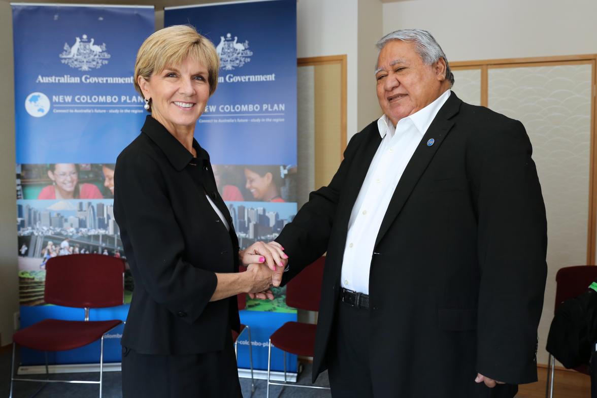 Foreign Minister Julie Bishop meets with Prime Minister Aiono Sailele Malielegaoi Tuilaepa of Samoa at the PALM7 Summit in Iwaki, Japan.