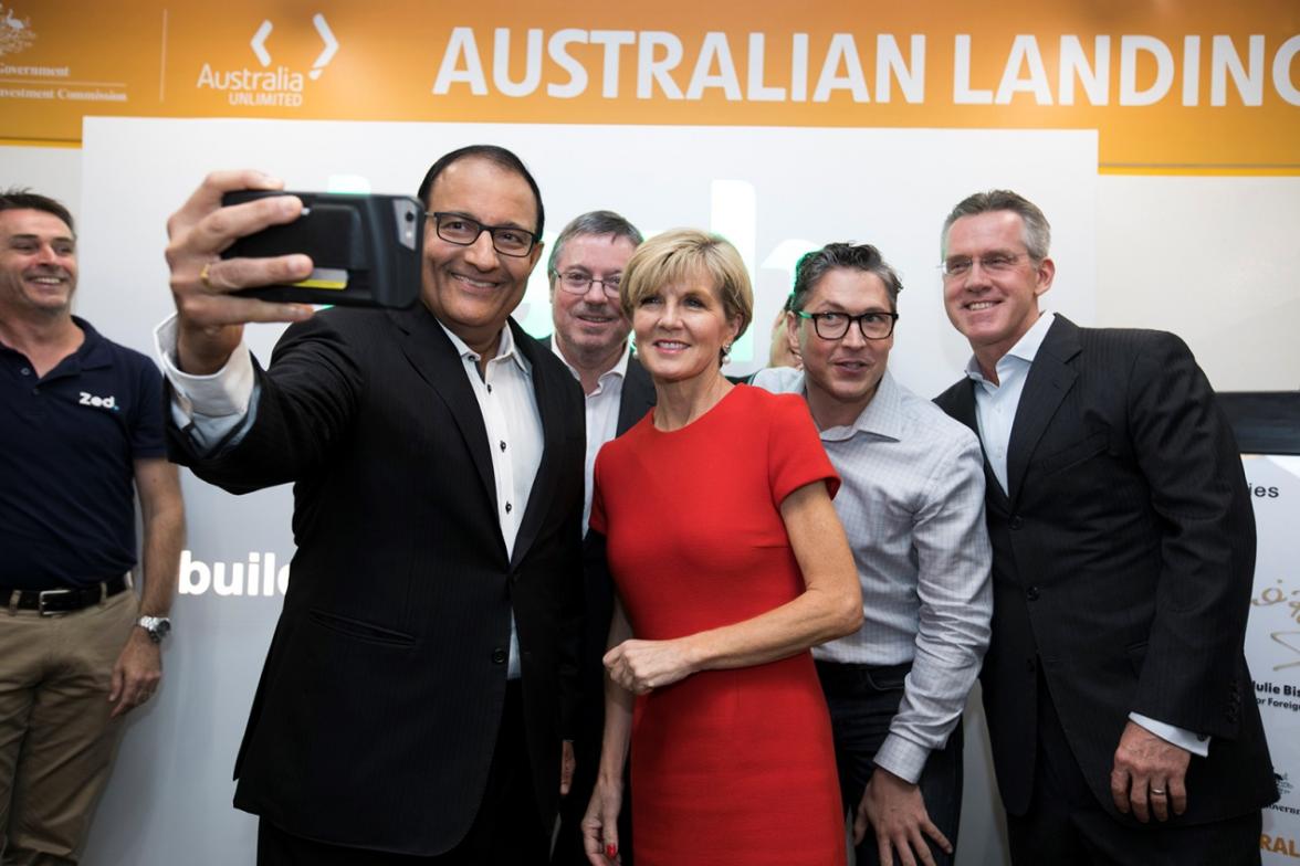 Foreign Minister Julie Bishop at the launch of the new Australian Government Innovation Landing Pad with Singapore Minister for Trade and Industry S. Iswaran, Australian Ambassador to Singapore Bruce Gosper and representatives from the Landing Pad, Singap