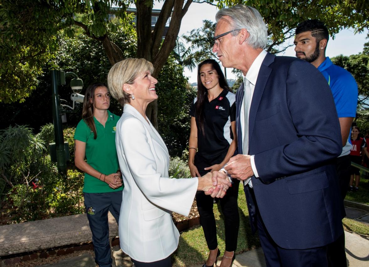 Foreign Minister Bishop greets Football Federation Australia CEO David Gallop while Matilda player Chloe Logarzo, Mo’onia Gerard, former Australian netball representative (Diamonds), and Gurinder Sandhu, Australian cricket players look on.