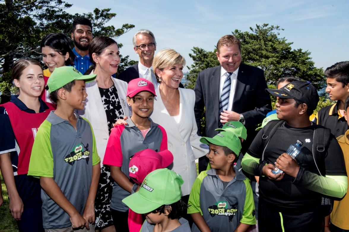 Foreign Minister Bishop, Senator Fierravanti-Wells, Craig Laundy MP, David Gallop, Football Federation Australia CEO, and Gurinder Sandhu, Australian cricket player, with sporting participants at the launch of the Asia Sports Partnership Program