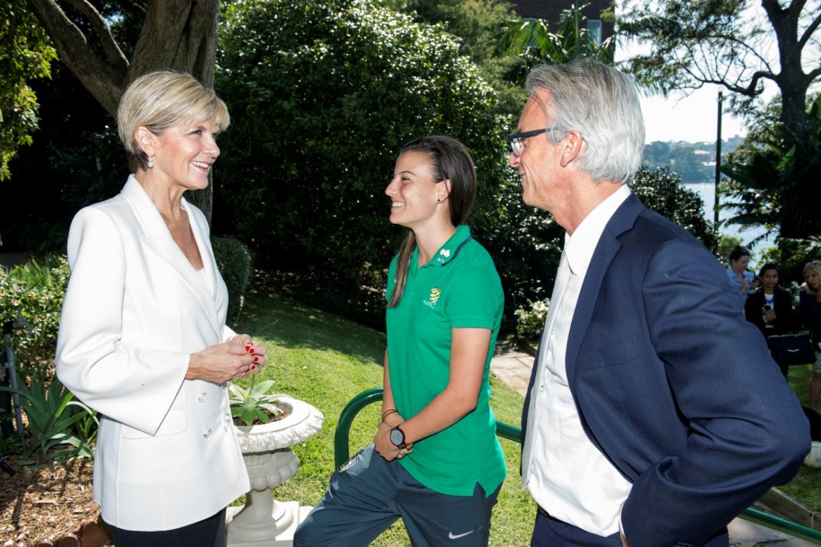 Foreign Minister Julie Bishop, Football Federation CEO David Gallop and Matilda player Chloe Logarzo at the launch of the Asia Sports Partnership Program