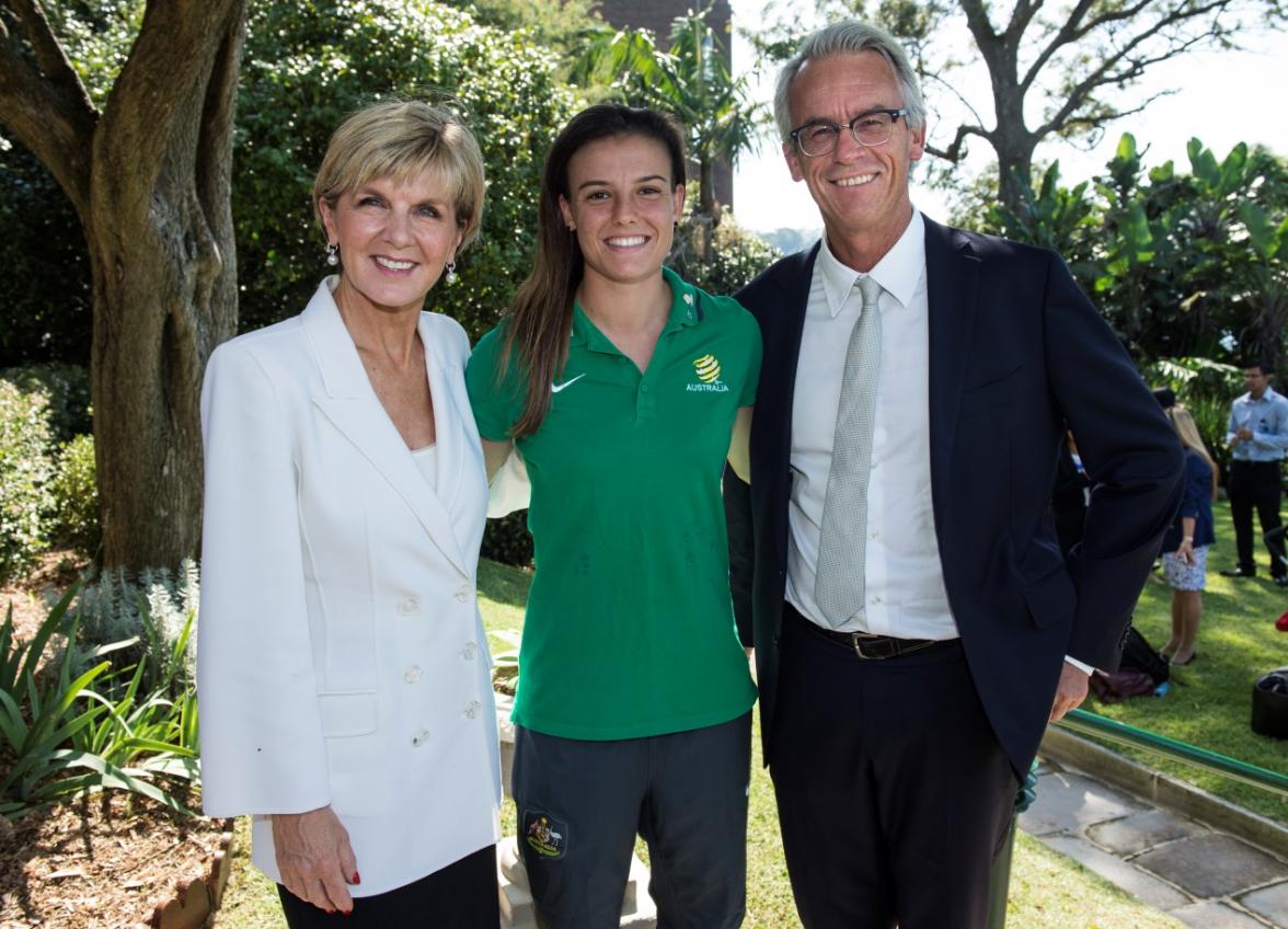 Foreign Minister Julie Bishop, Football Federation CEO David Gallop and Matilda player Chloe Logarzo at the launch of the Asia Sports Partnership Program