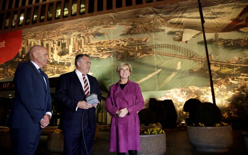 Foreign Minister Julie Bishop, Ambassador Joe Hockey and Stephen Thompson, QANTAS Senior Executive Vice President for the Americas at the lighting of banner surrounding the Washington embassy. 21 February 2017. Photo credit : Yuri Gripas