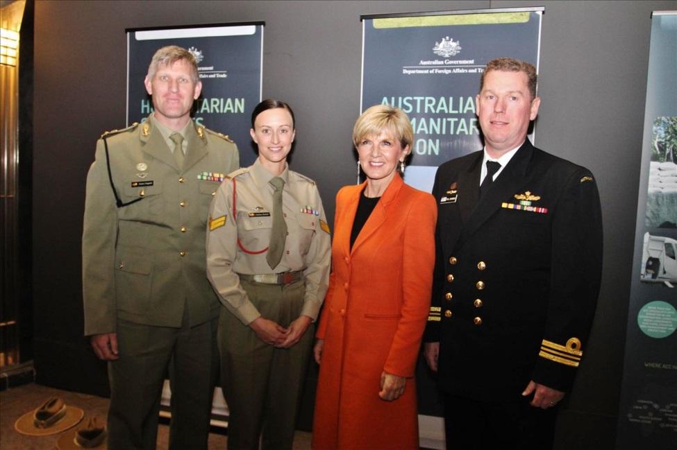 Minister Bishop with Lieutenant Colonel Dugdell, Corporal Keizel and Lieutenant Commander Johanson, who deployed to Fiji following Cyclone Winston. Credit: DFAT.