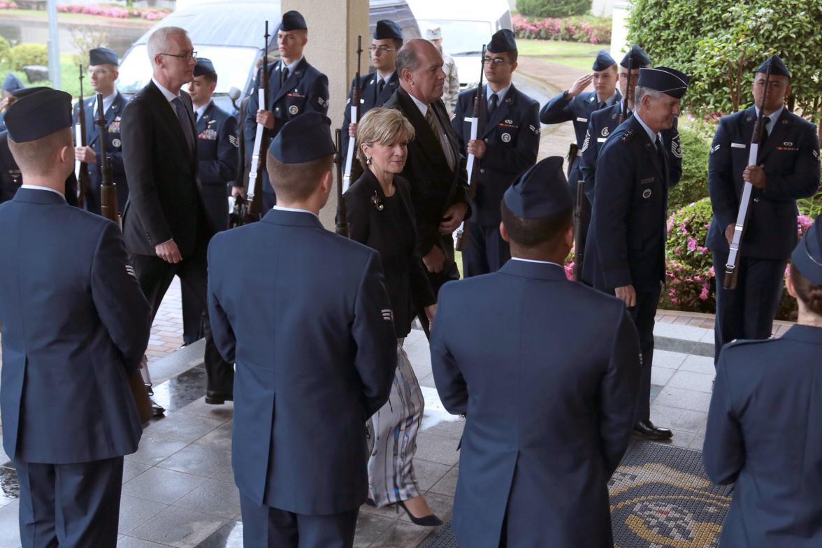 The Hon Julie Bishop MP, Minister for Foreign Affairs, and Senator the Hon David Johnston, Minister for Defence, arriving at the Yokota Airforce Base, and being led into a briefing by Lieutenant General Salvatore 'Sam' Angelella, Commander US Forces Japan