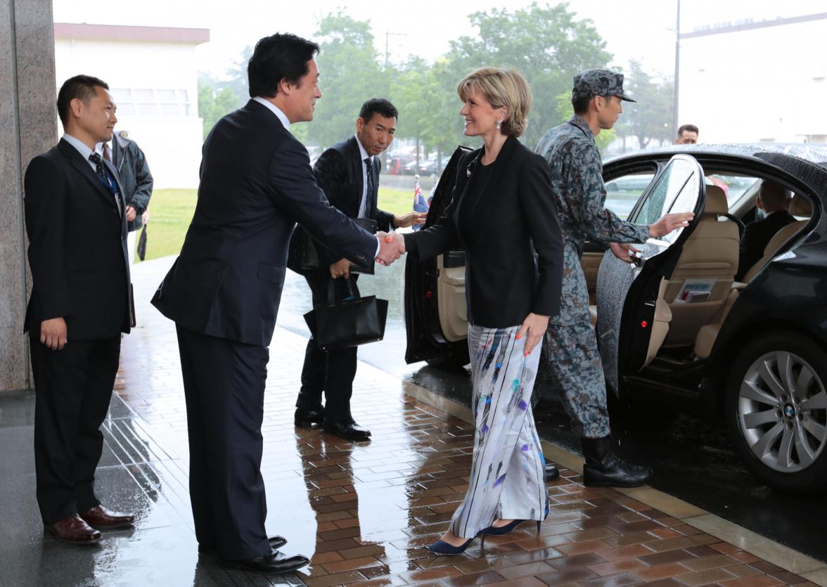 Mr Wakamiya, Parliamentary Vice Minister of Defense greeting the Hon Julie Bishop MP, Minister for Foreign Affairs on arrival at the Japan Air Self Defense Force Air Defence Command at Yokota Airforce Base today.