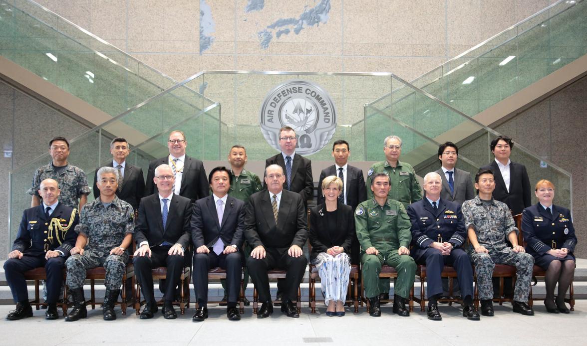 Australian delegation to the Australia-Japan 2+2 Foreign and Defence Ministers' Consultations and their Japanese counterparts in a group shot at Japan Air Self Defense Force Air Defence Command at Yokota Airforce Base today.